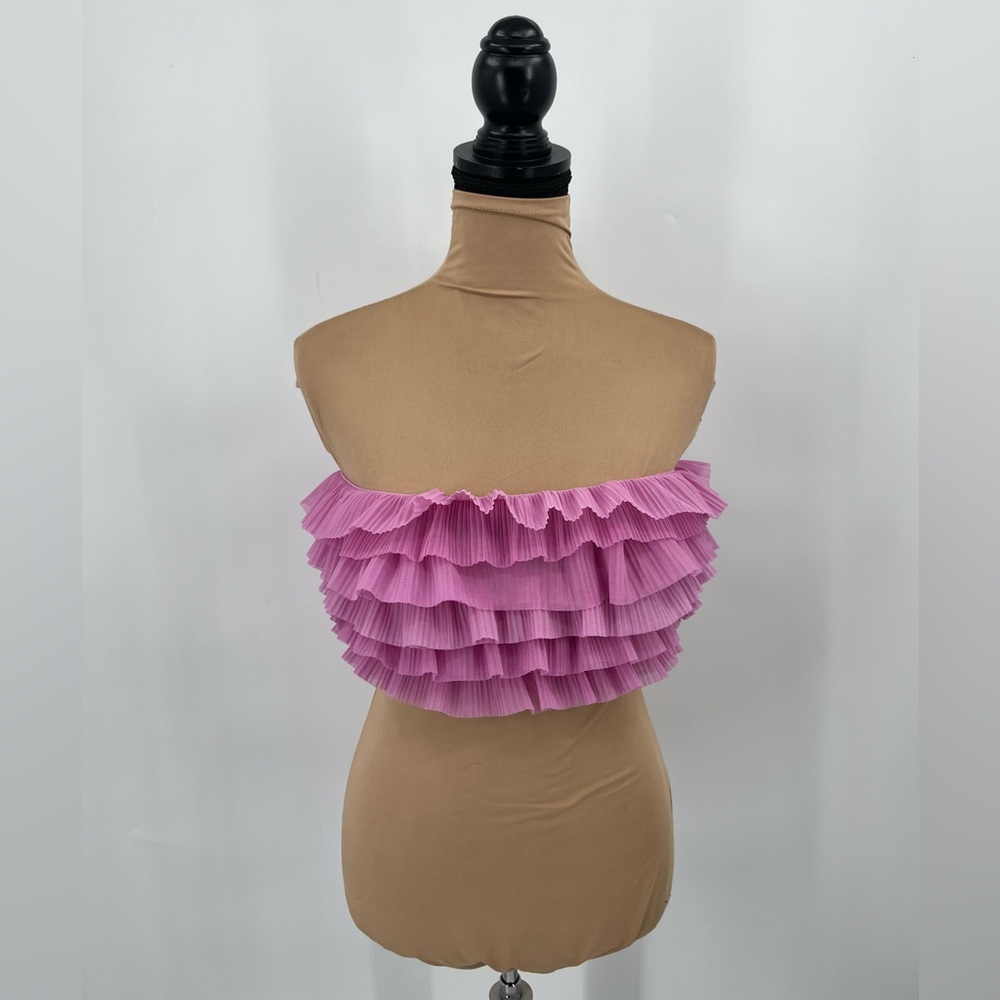 Zara pink ruffle tulle strapless crop top S party Barbiecore Y2K coquette - Picture 2 of 13